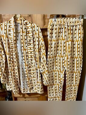Lanhtropy Two-Piece Mustard Dot Stripe Kimono & Belt & Pants Versatile Linen